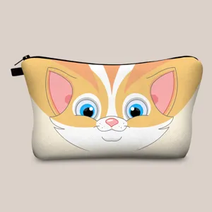 Detailed close-up of a cute cartoon cat face print on a durable canvas cosmetic pouch.