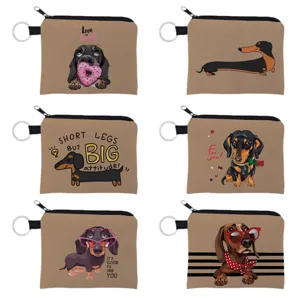 Set schattige stoffen portemonnees met teckelprint, zwarte rits en sleutelhangerring