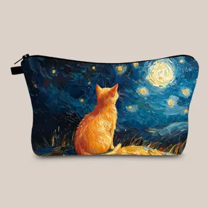 Detail of portable cosmetic bag featuring artistic Van Gogh style cat painting print
