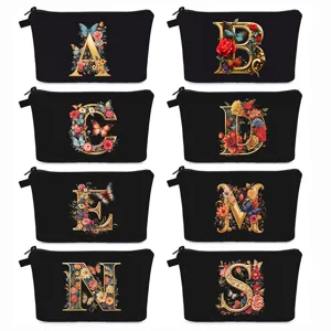 Borsa da Trucco con Stampa Floreale di Lettera Iniziale Nera in Poliestere con Cerniera Portatile Organizer da Viaggio per Donna