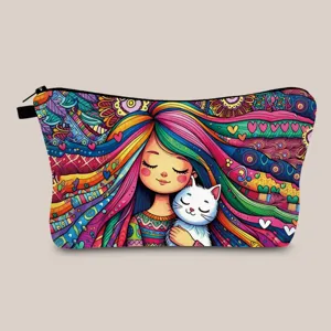 Vibrant cartoon girl and cat illustration printed travel makeup bag with secure zipper closure