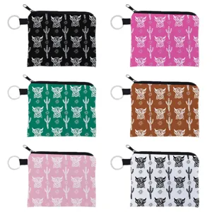 Western cowboy Highland cow pattern fabric coin purse with metal key ring, 6 color variants