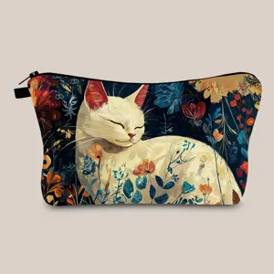 Artistic cosmetic bag with cute white cat and floral illustration print