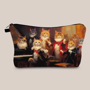 Detailed view of the oil painting style cat orchestra print on a portable cosmetic bag