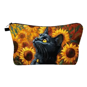Portable makeup bag with artistic black cat and sunflower oil painting print