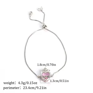 Adjustable silver bracelet with pink heart zirconia stone, elegant crown design for women.