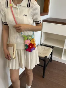 Sac de téléphone bandoulière coloré en fleurs au crochet fait main, style kawaii bohème