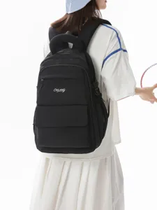 Large capacity black school backpack with CHILANG embroidery for Japanese student style