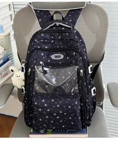 Sac à dos scolaire mignon à motif d'étoiles pour filles avec pendentif de lapin bleu
