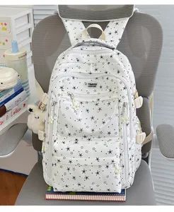 Sac à dos d'école blanc mignon avec motif d'étoiles noires pour filles et écolières