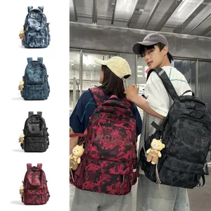 Lifestyle view of models wearing camouflage backpacks with four color variant displays