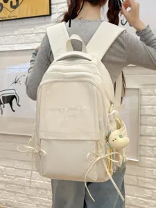 Sac à Dos Scolaire en Nylon Grande Capacité Minimaliste avec Broderie de Lettres et Nœud pour Filles Collège Campus