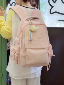 Sac à dos scolaire rose minimaliste avec broderie de lettres pour jeunes étudiantes