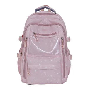 Grand sac à dos scolaire rose avec motif d'étoiles et poche avant transparente détaillée