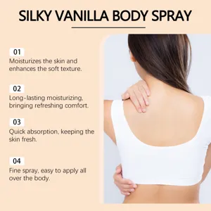 Silky vanilla body spray detail view showcasing moisturizing and refreshing benefits.