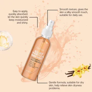 Detail view of moisturizing body spray with splash background and vanilla flower decoration.