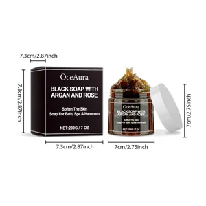 OceAura argan and rose black soap jar and box detail display with size dimensions.