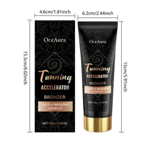 Vista detallada del tubo y la caja del acelerador de bronceado OceAura con dimensiones.