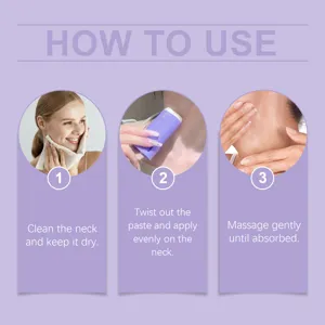 Neck firming care stick instruction detail image showing clean, apply and massage steps.