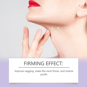 Close-up detail of neck firming care effect showing lifting lines and smooth skin texture.