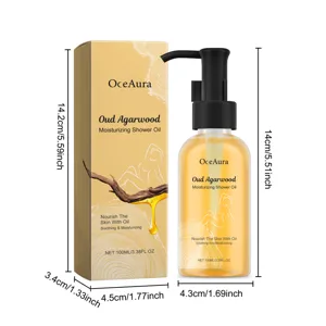 OceAura Oud Agarwood ενυδατικό λάδι ντους 100ml με λεπτομερείς διαστάσεις προϊόντος.