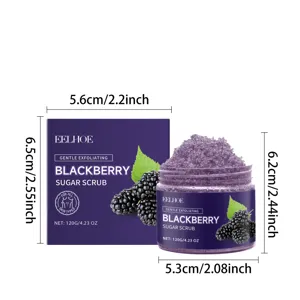 Detail shot showing EELHOE blackberry sugar body scrub jar and box with clear size dimensions.
