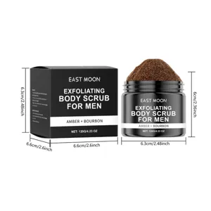 Λεπτομερης οψη απολεπιστικου scrub σωματος East Moon για αντρες με αρωμα κεχριμπαρι.