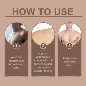 Detailed instruction graphic showing step-by-step usage guide for men body scrub skincare.