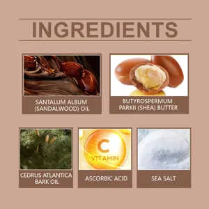 Ingredient detail chart showing sandalwood, shea butter, cedar oil, vitamin C, and sea salt.