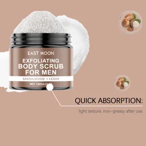 Detailed view of East Moon men's sandalwood and cedar body scrub texture and ingredients.