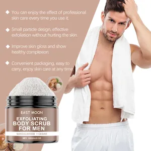 East Moon men body scrub sandalwood cedar exfoliating skincare detail view for smooth skin.