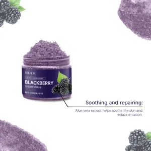 Blackberry scrub detail showing gentle exfoliating sugar texture and natural soothing ingredients.