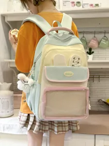 Zaino Scolastico di Moda in Nylon a Contrasto Colore Grande Capacità Ita Bag Con Finestra Trasparente Orecchie da Coniglio Per Ragazze
