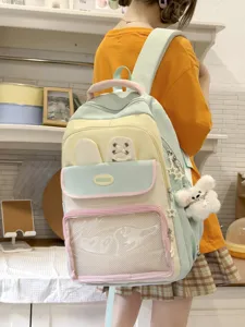 Zaino itabag alla moda in nylon bicolore per studentesse con tasca trasparente