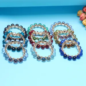 Colorful round crystal ball beaded elastic bracelet set with versatile fashion design.