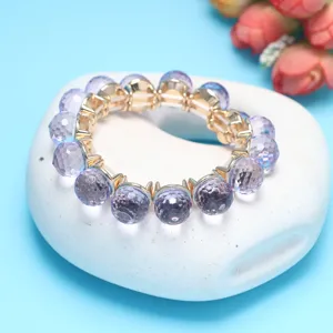 Purple faceted crystal beaded bracelet, elegant stretch sphere jewelry for women