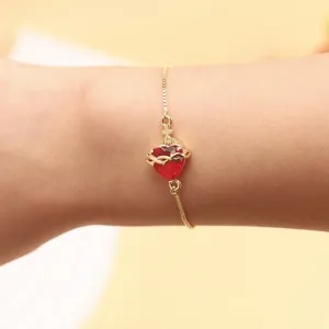 Elegant red zircon heart bracelet with adjustable chain, dainty gold plated jewelry gift for women.