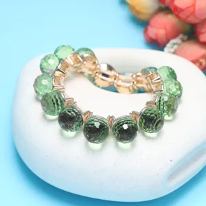 Green faceted crystal ball bracelet, fashion versatile stretch bead bracelet for daily wear.