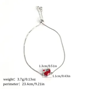 Red cubic zirconia heart bracelet silver adjustable chain detail view for women jewelry