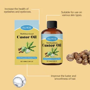 Vue détaillée du flacon d'huile de ricin bio avec graines naturelles et goutte nourissante.