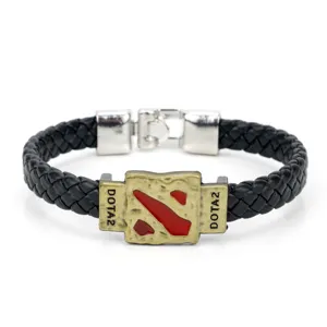 DOTA2 Spiele-Merchandise schwarzes geflochtene Lederarmband mit Legierung Metall Logo Detail.