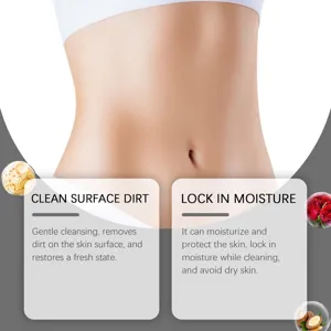 Body cleansing soap detail showing gentle dirt removal and deep moisture locking formula.