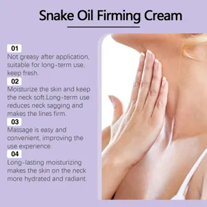 Neck firming cream detail view showing skin application, moisturizing and anti-aging benefits.