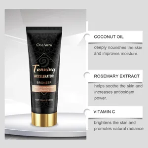 Primer plano detallado del tubo acelerador de bronceado OceAura con ingredientes activos.