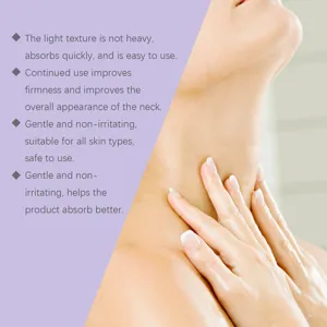 Neck care product detail showing smooth application, quick absorption, and firming results.