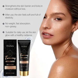 Detalle del acelerador de bronceado OceAura con piel suave radiante y tubo de producto.