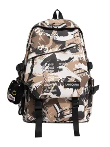 Stylischer Schulrucksack mit dunklem Graffiti-Print, großer Kapazität und Katzenanhänger