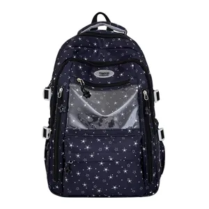 Sac à dos scolaire bleu marine élégant avec imprimé étoiles blanches et poche claire