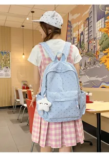 Mochila azul claro con lunares plateados usada por una modelo en una cafetería