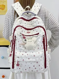 Sac à dos scolaire blanc pour filles avec étoiles rouges et lapin en peluche mignon